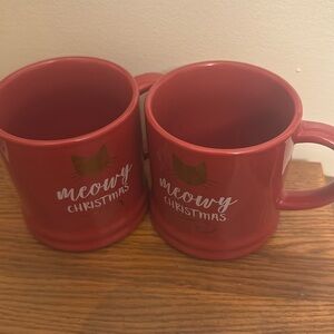 2 Meowy Christmas Red Mugs Gold Cat motif 
   16 ounce